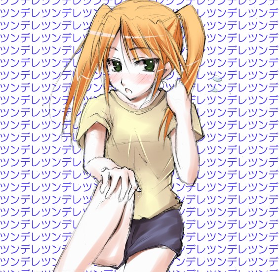 teana lanster, lyrical nanoha, mahou shoujo lyrical nanoha, mahou shoujo lyrical nanoha strikers, 00s, 1girl, bad anatomy, black wings, female focus, green eyes, looking at viewer, miniskirt, orange hair, shirt, short sleeves, sitting, skirt, solo, t-shirt, text background, text focus, wings