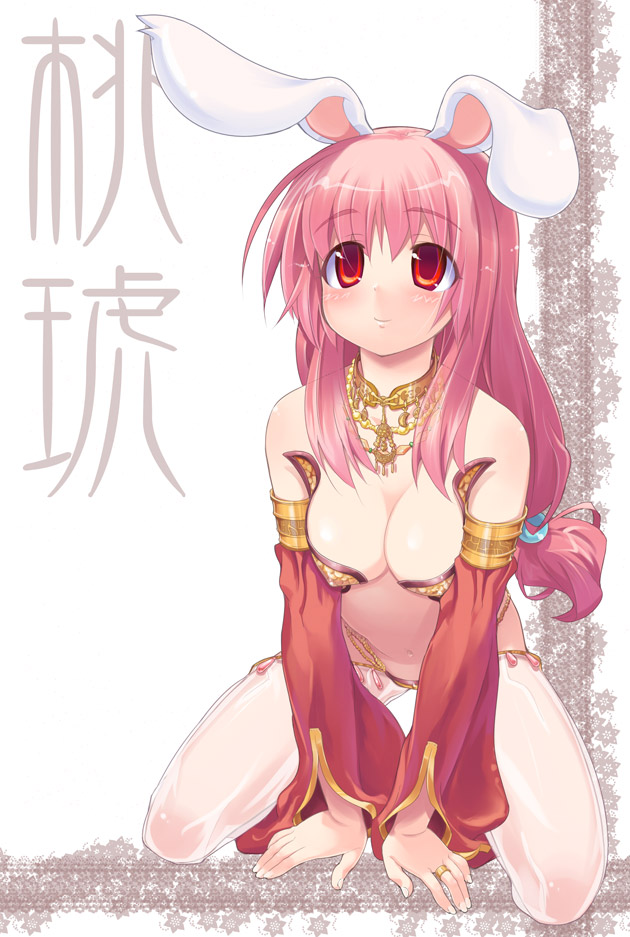 amasa mitsunaru, gypsy (ragnarok online), ragnarok online, 1girl, animal ears, bare shoulders, breasts, cleavage, dancer, detached sleeves, female focus, harem pants, jewelry, large breasts, lots of jewelry, pants, pink hair, rabbit ears, red eyes, see-through clothes, solo