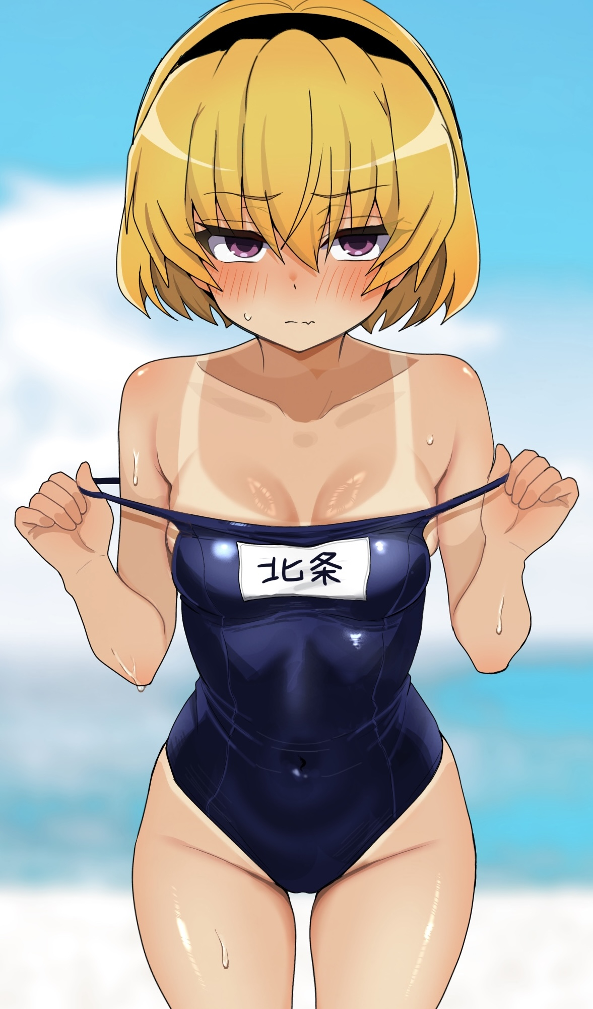 yuno ff, houjou satoko, higurashi no naku koro ni, highres, 1girl, black hairband, blonde hair, blue one-piece swimsuit, blush, breasts, cleavage, closed mouth, clothes pull, collarbone, covered navel, cowboy shot, dark skin, dot nose, hairband, highleg, highleg one-piece swimsuit, looking at viewer, looking up, medium breasts, name tag, one-piece swimsuit, one-piece swimsuit pull, one-piece tan, purple eyes, revealing tanlines, school swimsuit, shiny skin, short hair, simple background, solo, sweat, swimsuit, tan, tanline, tanlines, wavy mouth, wet