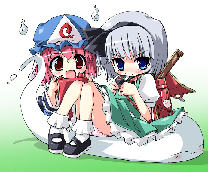 petenshi (dr. vermilion), konpaku youmu, konpaku youmu (ghost), saigyouji yuyuko, touhou, silver hair, 2girls, :3, :d, backpack, bag, blue eyes, blush, chibi, female focus, gradient background, green background, hair ribbon, hairband, hat, hitodama, japanese clothes, multiple girls, open mouth, panties, pink eyes, pink hair, randoseru, ribbon, short hair, sitting, skirt, smile, sweatdrop, triangular headpiece, underwear, white background