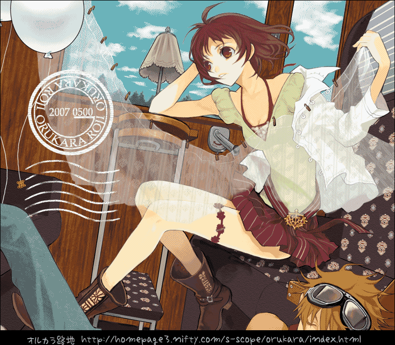 narasaki kouji, original, 1girl, balloon, boots, brown eyes, brown hair, female focus, goggles, solo, wind, window