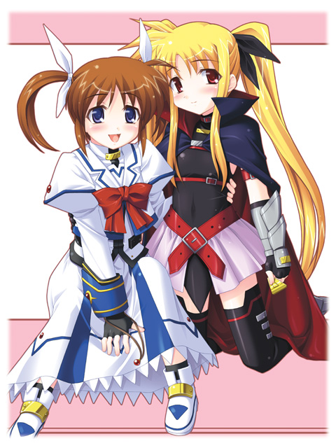 kariga, bardiche (nanoha), bardiche (standby form) (nanoha), fate testarossa, fate testarossa (lightning form), raising heart, raising heart (standby mode), takamachi nanoha, takamachi nanoha (sacred mode), lyrical nanoha, mahou shoujo lyrical nanoha, 00s, 2girls, arm around back, arm belt, belt, blonde hair, cape, fingerless gloves, gloves, magical girl, multiple girls, thighhighs, twintails