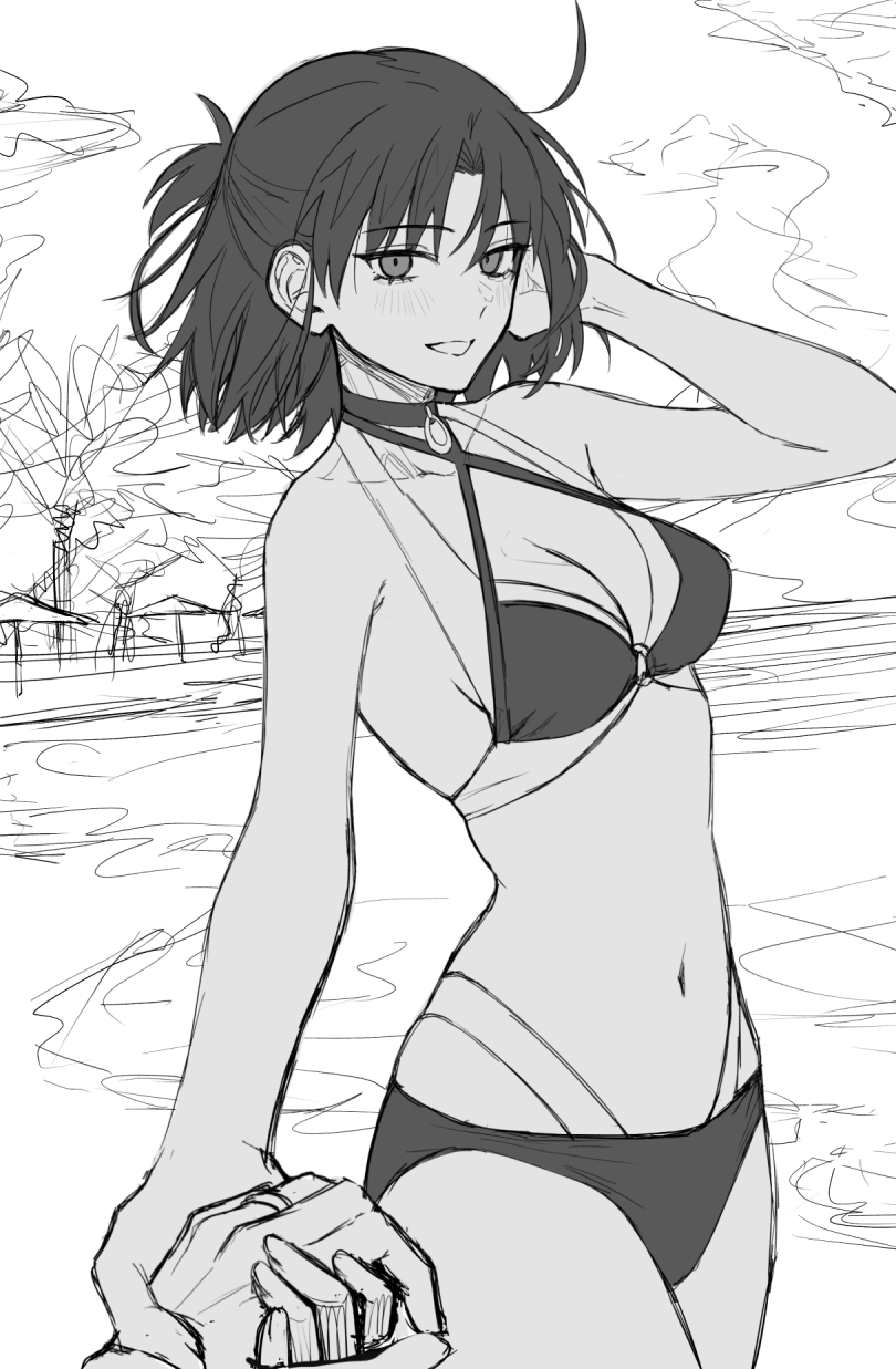 egomeshi, kokutou mikiya, ryougi shiki, fate/grand order, fate (series), kara no kyoukai, highres, 1boy, 1girl, bikini, choker, greyscale, hetero, husband and wife, jewelry, looking at viewer, monochrome, pov, pov hands, ring, ryougi shiki (swimsuit mooncancer) (first ascension), short hair, swimsuit, wedding ring