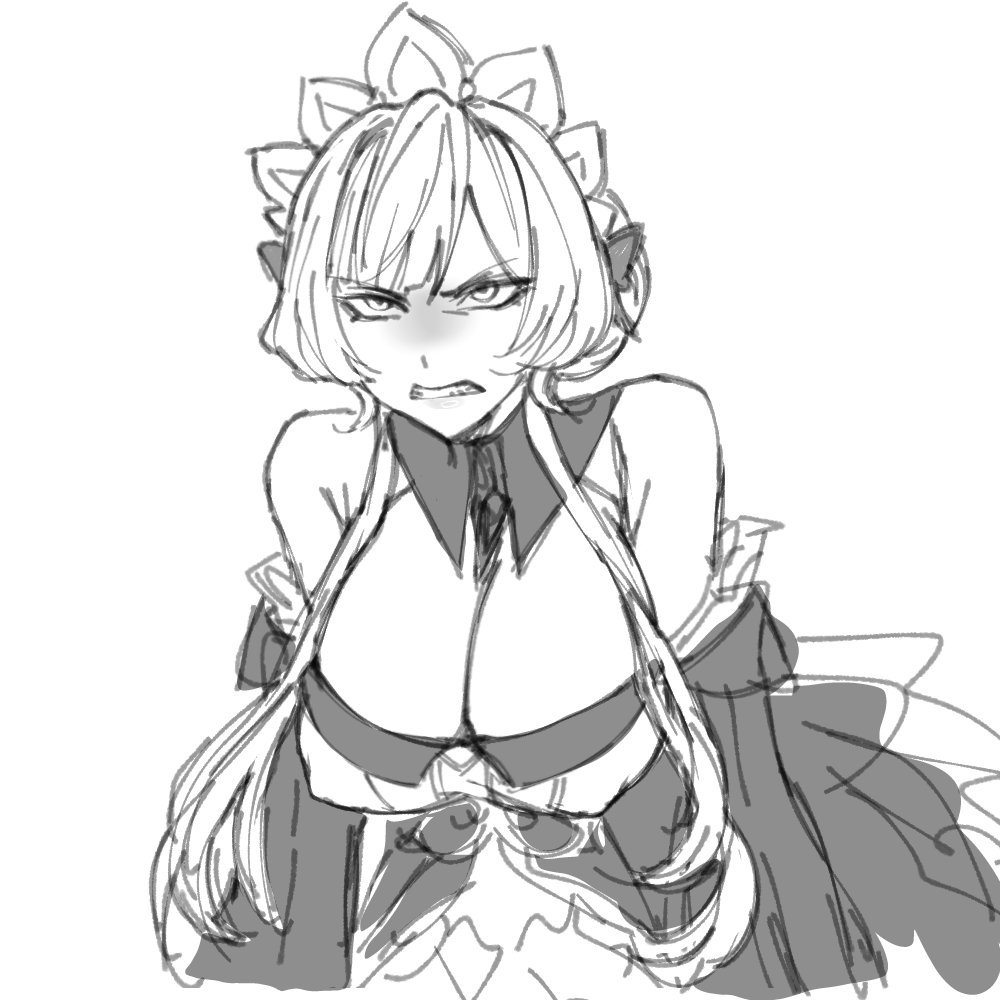 sandrone (genshin impact), genshin impact, 1girl, bare shoulders, breasts, cleavage, clenched teeth, detached collar, greyscale, large breasts, long hair, long sleeves, looking at viewer, monochrome, simple background, solo, teeth, torezen, upper body, v-shaped eyebrows, very long hair, white background