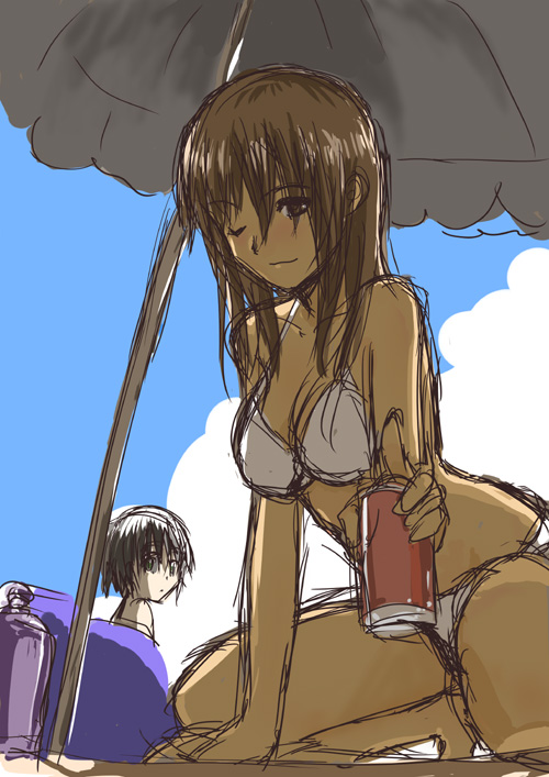 fujiki shun, tagme, 2girls, bikini, day, multiple girls, sketch, swimsuit
