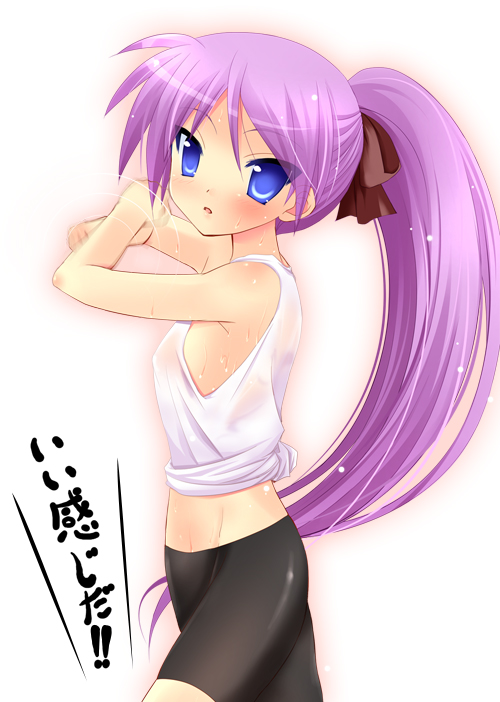 yukizuki chikuba, hiiragi kagami, lucky star, 00s, alternate hairstyle, armpits, bike shorts, blue eyes, long hair, motion blur, motion lines, parted bangs, ponytail, purple hair, solo, sweat, tank top, white background