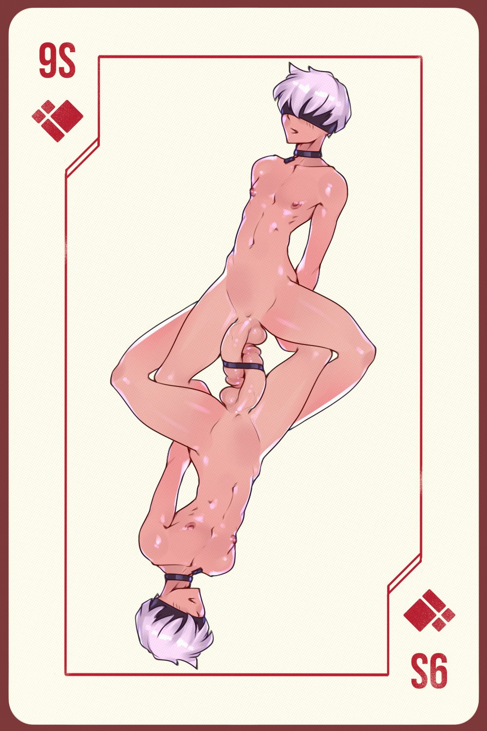 tailbox, 9s (nier:automata), nier:automata, nier (series), highres, 2boys, artist logo, blindfold, card, card (medium), character name, dual persona, logo, male focus, multiple boys, navel, nipples, penis, penises touching, playing card, selfcest, short hair, testicles, white hair, yaoi