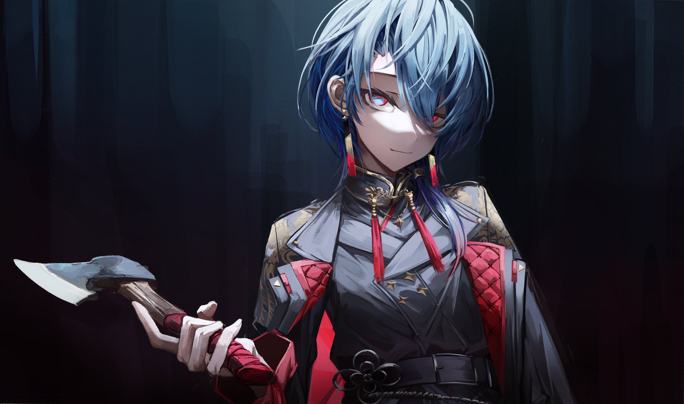 gemini17, hoshimachi suisei, hoshimachi suisei (oriental suit), hololive, highres, 1girl, axe, black coat, black jacket, blue hair, chinese clothes, closed mouth, coat, earrings, eyes visible through hair, hair over one eye, holding, holding axe, jacket, jewelry, light rays, long sleeves, looking at viewer, low ponytail, low side ponytail, mandarin collar, medium hair, official alternate costume, official alternate eye color, official alternate hairstyle, ponytail, print coat, red eyes, solo, upper body, virtual youtuber
