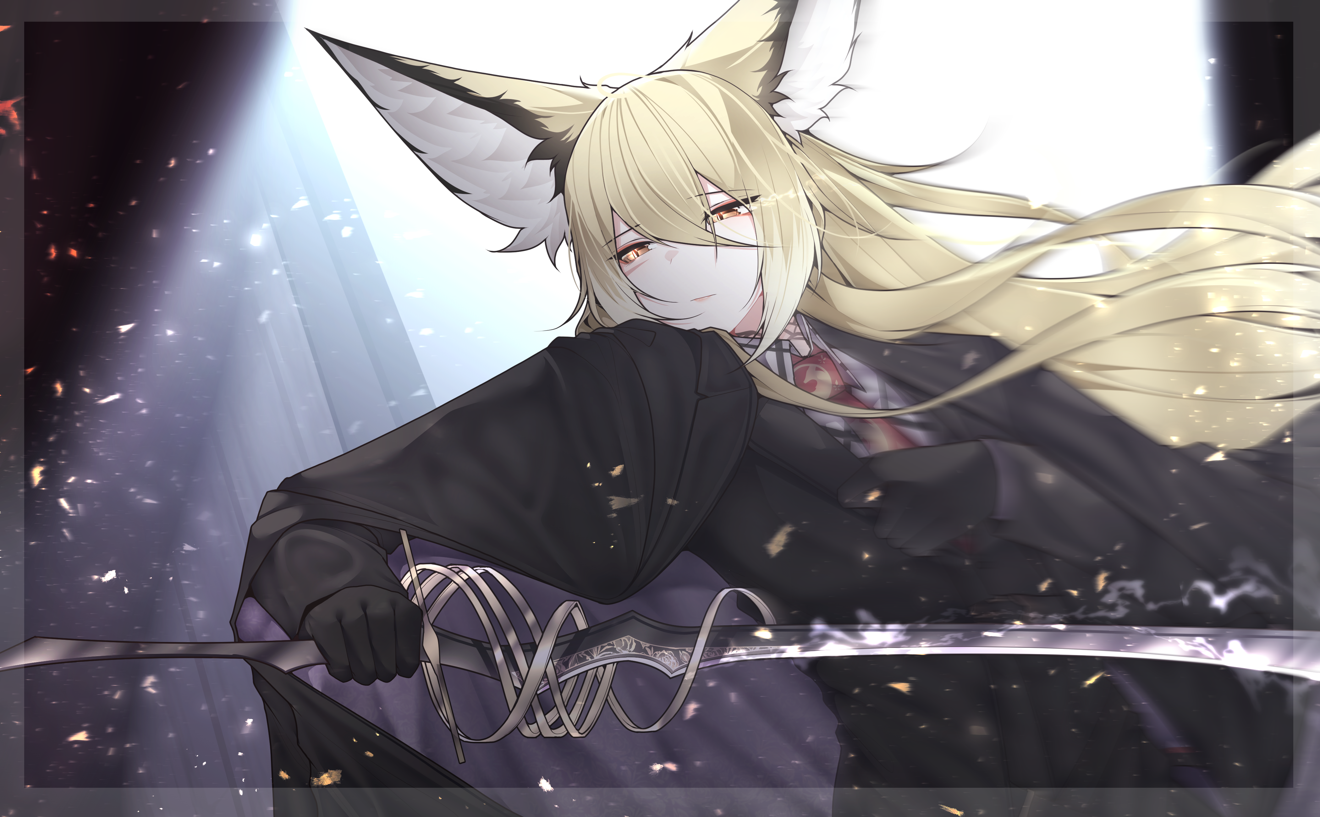 samip, vulpisfoglia (arknights), arknights, absurdres, commentary, english commentary, highres, 1girl, animal ears, black coat, black gloves, black jacket, blonde hair, closed mouth, coat, coat on shoulders, dated commentary, fox ears, fox girl, gloves, holding, holding sword, holding weapon, jacket, long hair, necktie, orange eyes, red necktie, shirt, solo, sword, weapon, white shirt