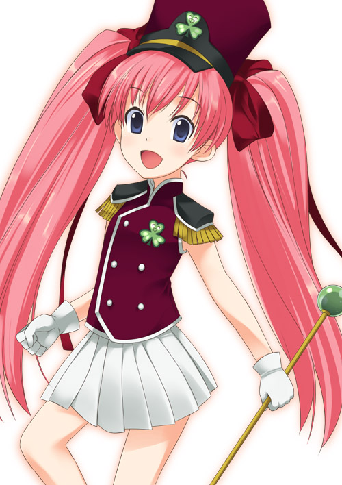 mizuki makoto, onigawara mao, rikujou boueitai mao-chan, 00s, 1girl, blue eyes, blush, clover, conductor baton, epaulettes, female focus, gloves, hair ribbon, hat, holding, long hair, looking at viewer, marching band, open mouth, pink hair, red hat, red ribbon, red shirt, ribbon, shirt, skirt, smile, solo, staff, standing, twintails, wand, white background, white gloves, white skirt