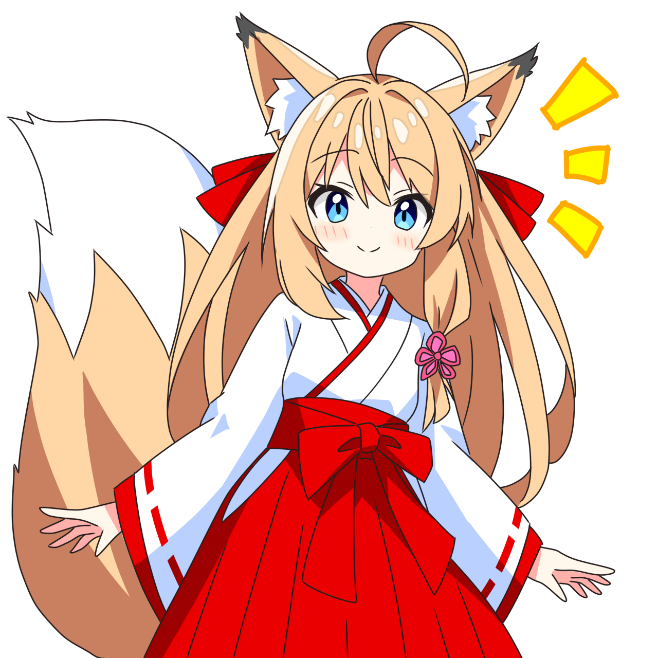 kotatsu-mazoku, original, commentary request, highres, 1girl, ahoge, animal ear fluff, animal ears, blonde hair, blue eyes, blush, closed mouth, cowboy shot, fox ears, fox girl, fox tail, hair ribbon, hakama, hakama skirt, japanese clothes, kimono, long hair, long sleeves, looking at viewer, miko, miko fox girl (kotatsu-mazoku), notice lines, red hakama, red ribbon, ribbon, ribbon-trimmed sleeves, ribbon trim, simple background, skirt, smile, solo, tail, white background, white kimono, wide sleeves