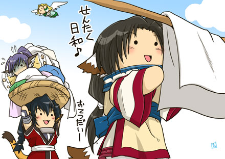 kurotani kyoukutsu, eruruu, karulau, touka (utawarerumono), ulthury, utawarerumono, lowres, translated, 00s, 4girls, animal ears, chibi, dog ears, head wings, japanese clothes, long hair, multiple girls, purple hair, tail, wings