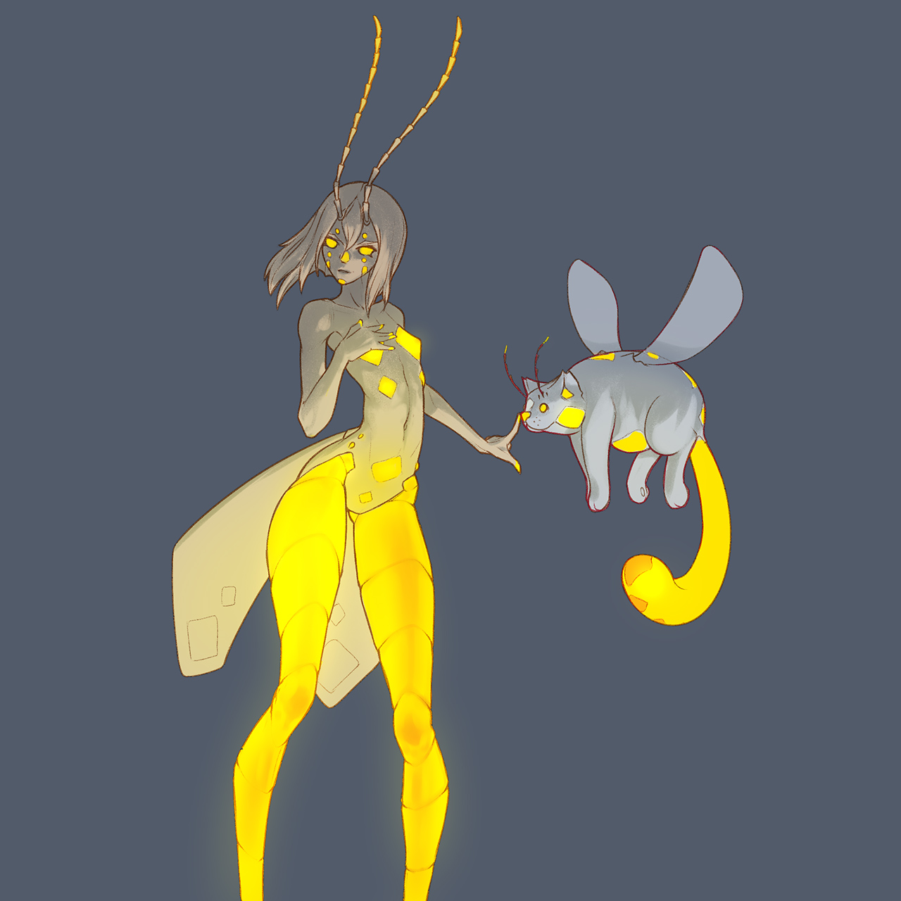 tailbox, original, highres, 1girl, arthropod girl, bug, cat, colored skin, feet out of frame, firefly, glowing legs, glowing tail, grey background, grey skin, insect, long legs, monster girl, navel, simple background, skinny, winged animal, yellow eyes