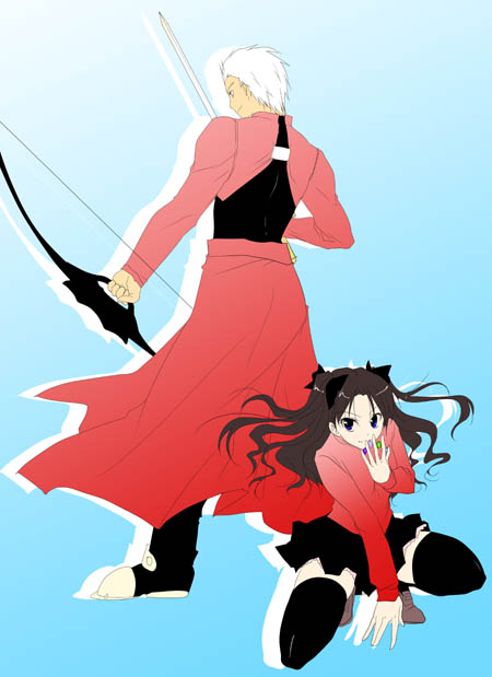 mikami mika, archer (fate), tohsaka rin, fate/stay night, fate (series), silver hair, 00s, 1boy, 1girl, archery, black skirt, black thighhighs, blue eyes, bow (weapon), brown hair, dark-skinned male, dark skin, full body, holding, holding weapon, long sleeves, looking at viewer, muneate, skirt, squatting, standing, sweater, thighhighs, twintails, weapon, zettai ryouiki