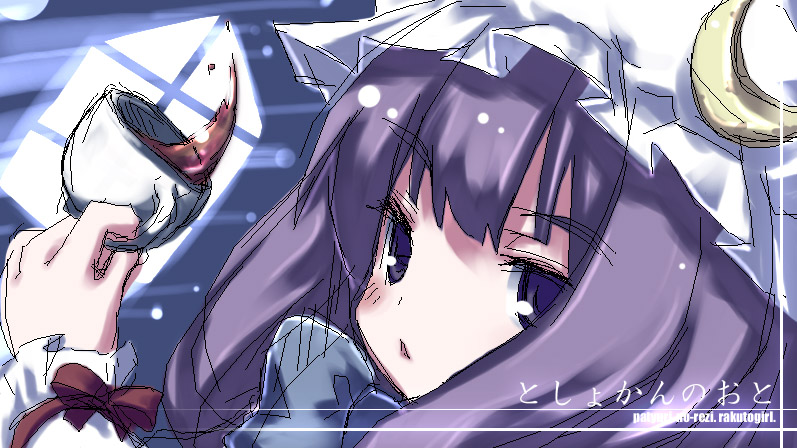 gozen shinshi, patchouli knowledge, touhou, 1girl, blush, close-up, crescent, crescent hair ornament, cup, female focus, hair ornament, hat, holding, holding cup, mob cap, purple eyes, purple hair, red ribbon, ribbon, solo, tea, teacup