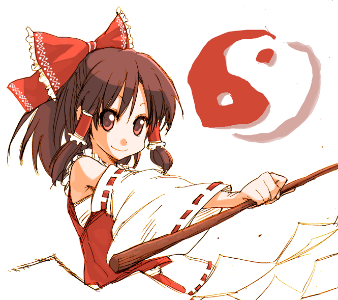 mikami komata, mikami konu, hakurei reimu, imperishable night, touhou, 1girl, bow, brown eyes, brown hair, detached sleeves, female focus, gohei, hair bow, long hair, outstretched arm, sidelocks, simple background, smile, solo, yin yang