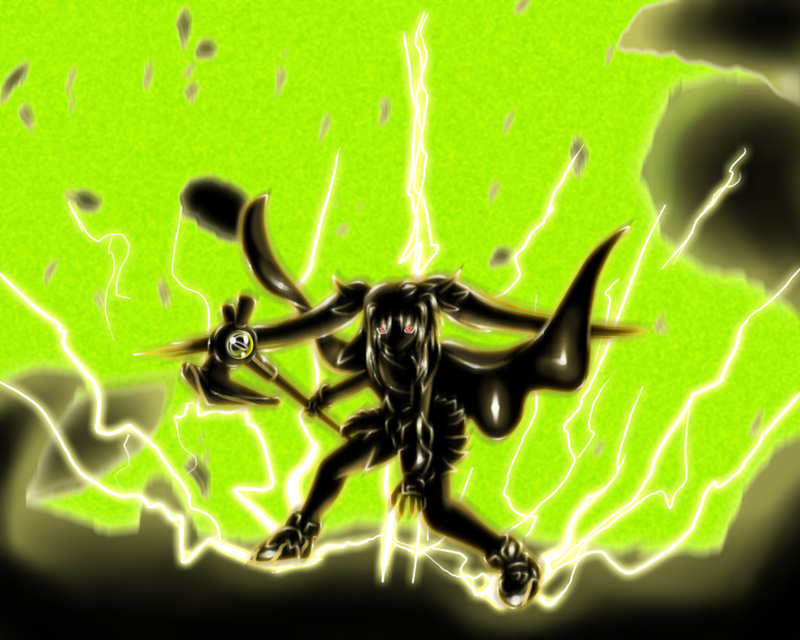 bardiche (device form) (nanoha), bardiche (nanoha), fate testarossa, fate testarossa (lightning form), lyrical nanoha, mahou shoujo lyrical nanoha, mahou shoujo lyrical nanoha a's, mahou shoujo lyrical nanoha strikers, 00s, 1girl, axe, dress, female focus, fighting stance, full body, green background, holding, holding weapon, long hair, silhouette, simple background, solo, standing, twintails, weapon