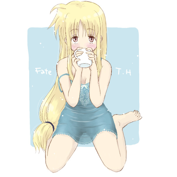 takahashi mugi, fate testarossa, lyrical nanoha, mahou shoujo lyrical nanoha, mahou shoujo lyrical nanoha strikers, 00s, 1girl, barefoot, blonde hair, blush, chemise, cup, feet, female focus, kneeling, long hair, low-tied long hair, mug, solo, strap slip, very long hair