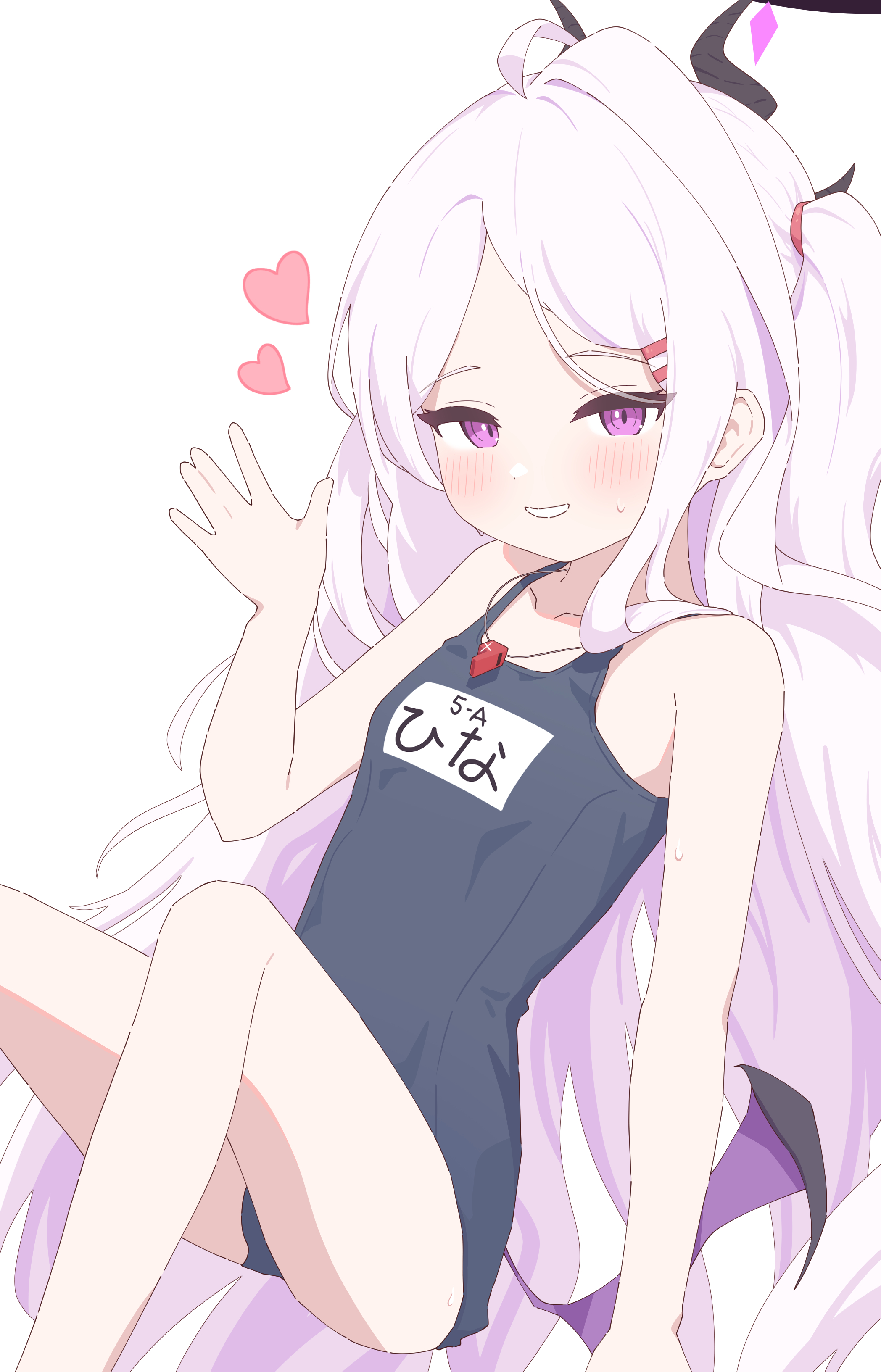 fyzt nemu, hina (blue archive), hina (swimsuit) (blue archive), blue archive, absurdres, commentary, highres, 1girl, ahoge, black halo, blush, breasts, demon girl, demon horns, demon wings, halo, heart, horns, long hair, looking at viewer, low wings, old school swimsuit, purple eyes, school swimsuit, sitting, small breasts, solo, swimsuit, very long hair, white hair, wings