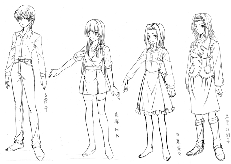 sandgarden, arima nana, hasekura rei, shimazu yoshino, torii eriko, maria-sama ga miteru, 00s, 4girls, greyscale, monochrome, multiple girls, sketch, thighhighs