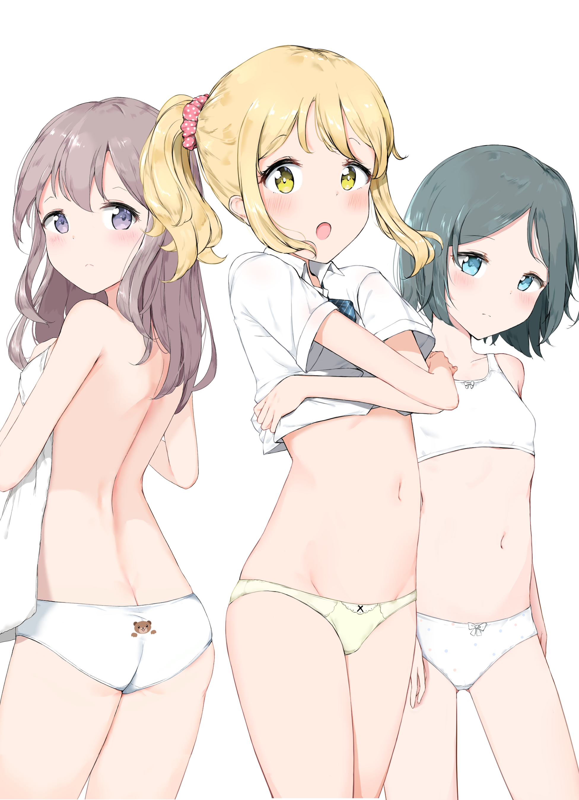 zagashira, original, absurdres, commentary request, highres, 3girls, :o, animal print, aqua eyes, ass, back-print panties, bear panties, bear print, blonde hair, blush, bob cut, bow, bow bra, bow panties, bra, breasts, bright pupils, butt crack, choppy bangs, closed mouth, clothes lift, collared shirt, cowboy shot, crotch seam, dot nose, frown, green eyes, grey eyes, grey hair, groin, hair ornament, hair scrunchie, hands up, holding, holding towel, lifting own clothes, long hair, looking at viewer, looking back, median furrow, medium hair, multiple girls, navel, open mouth, panties, petite, pink scrunchie, polka dot, polka dot panties, polka dot scrunchie, print panties, school uniform, scrunchie, shirt, shirt lift, short hair, short sleeves, sidelocks, simple background, small breasts, standing, stomach, straight hair, topless female, towel, training bra, turning head, underwear, underwear only, undressing, white background, white bra, white panties, white pupils, white shirt, wing collar, yellow panties