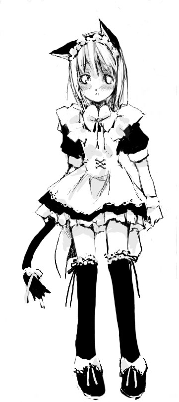 ganges gawa, ganges river, 1girl, animal ears, cat ears, female focus, greyscale, maid, monochrome, solo, thighhighs