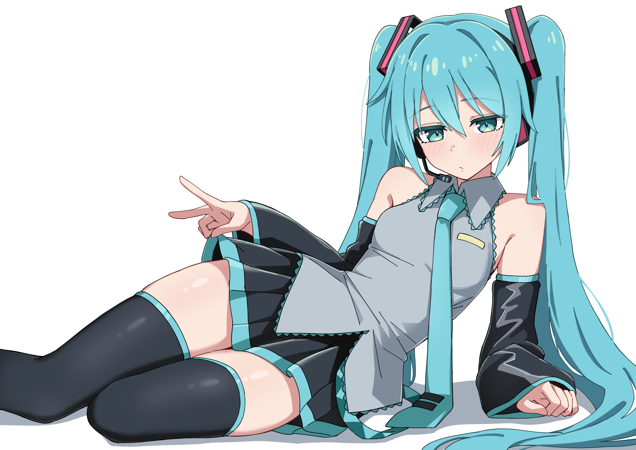 maud0239, hatsune miku, vocaloid, commentary, highres, 1girl, bare shoulders, black skirt, black sleeves, black thighhighs, blue eyes, blue hair, blue necktie, blush, closed mouth, collared shirt, detached sleeves, full body, grey shirt, hair between eyes, long hair, long sleeves, looking at viewer, lying, miniskirt, necktie, on side, pleated skirt, shirt, simple background, skirt, sleeveless, sleeveless shirt, solo, thighhighs, tie clip, twintails, v, white background, zettai ryouiki