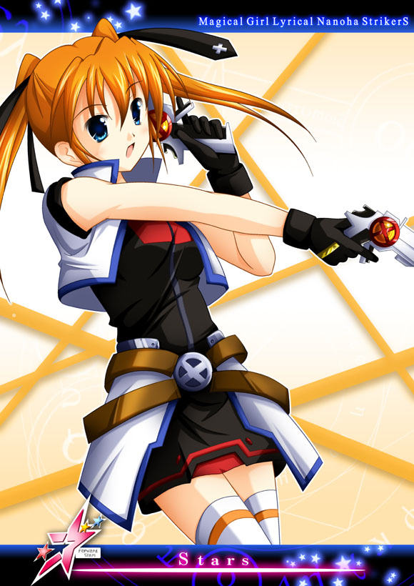 cross mirage, teana lanster, lyrical nanoha, mahou shoujo lyrical nanoha, mahou shoujo lyrical nanoha strikers, 00s, 1girl, :d, belt, black dress, black gloves, cowboy shot, dress, dual wielding, female focus, gem, gloves, gun, holding, looking at viewer, open mouth, orb, smile, solo, standing, thighhighs, weapon, white thighhighs, zettai ryouiki