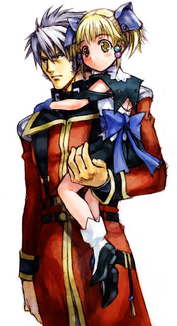 nakamura kanko, irui guneden, sanger zonvolt, banpresto, super robot wars, silver hair, 1boy, 1girl, age difference, belt, black dress, blonde hair, blunt bangs, bow, brown eyes, buckle, carrying, cowboy shot, dress, full body, shaded face, simple background, size difference, spiked hair, white background