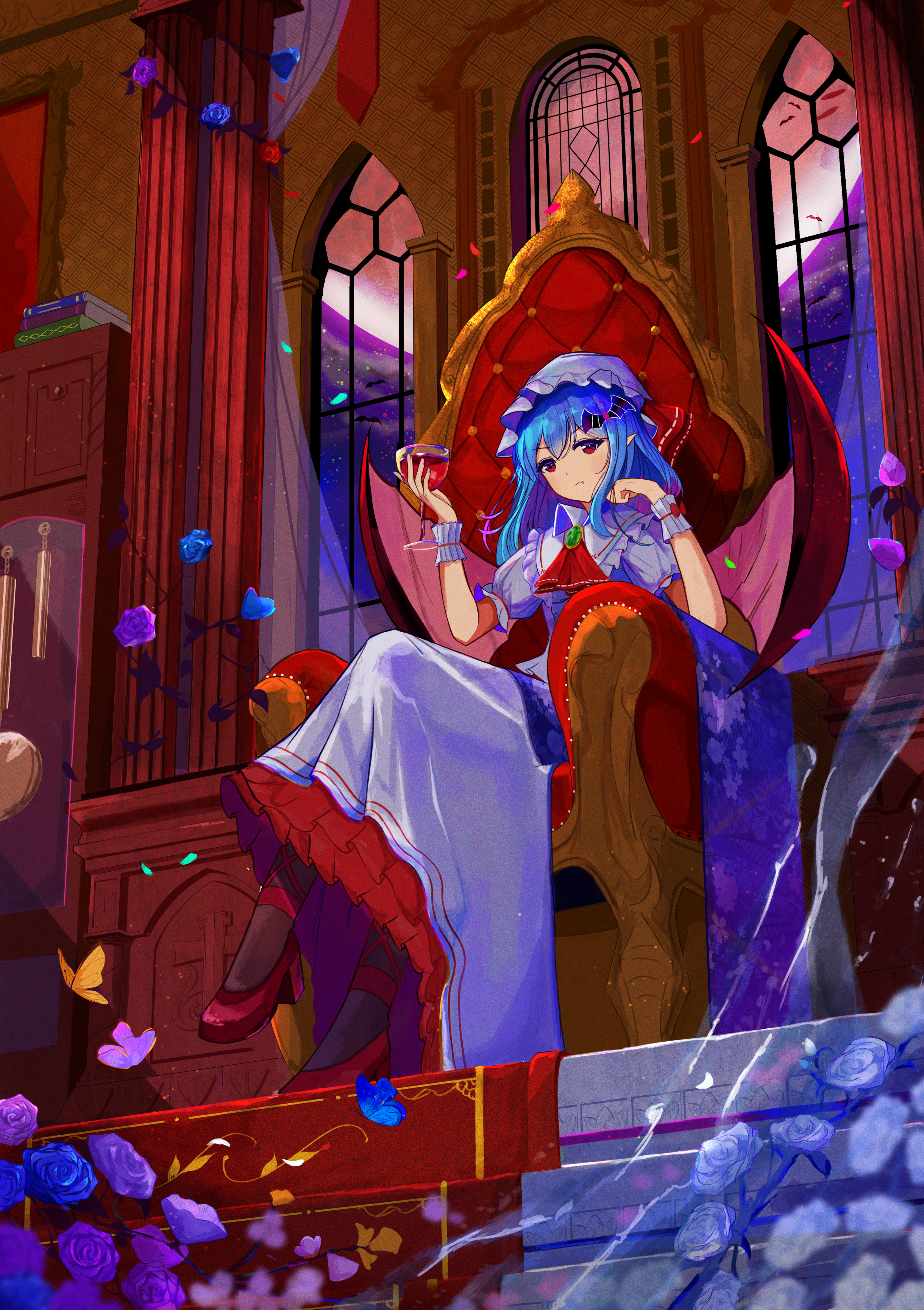 remilia scarlet, touhou, absurdres, chinese commentary, commentary request, highres, 1girl, ascot, bat hair ornament, bat wings, blue butterfly, blue flower, blue hair, blue rose, book, brooch, bug, butterfly, closed mouth, collared shirt, cup, drinking glass, flower, full moon, green brooch, hair ornament, hat, hat ribbon, high heels, holding, holding cup, insect, jewelry, looking at viewer, mob cap, moon, orange butterfly, pointy ears, purple butterfly, purple flower, purple rose, red ascot, red carpet, red eyes, red shoes, ribbon, rose, shirt, shoes, short sleeves, sitting, sitting on throne, skirt, solo, stairs, throne, white shirt, white skirt, window, wine glass, wings, wrist cuffs, zhongxia ye zhi meng