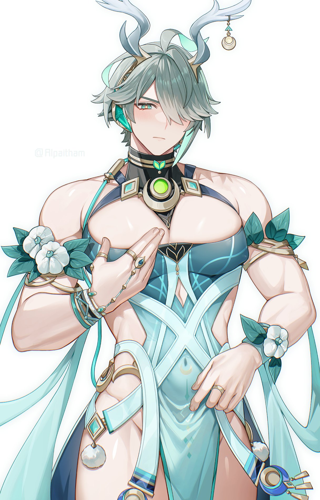 alpaitham, alhaitham (genshin impact), lauma (genshin impact), genshin impact, highres, 1boy, abs, antlers, aqua dress, aqua eyes, aqua hair, blush, closed mouth, cosplay, crossdressing, crossdressing (mtf), deer antlers, dress, flower, grey hair, hair over one eye, horns, lauma (genshin impact) (cosplay), male focus, multicolored hair, muscular, muscular male, navel, short hair, solo, streaked hair, white background, white hair, wristband