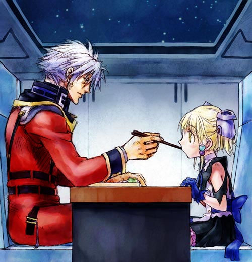 nakamura kanko, irui guneden, sanger zonvolt, banpresto, super robot wars, 1boy, 1girl, age difference, blonde hair, chopsticks, eating, feeding, food, sideburns, space, table, white hair, yellow eyes