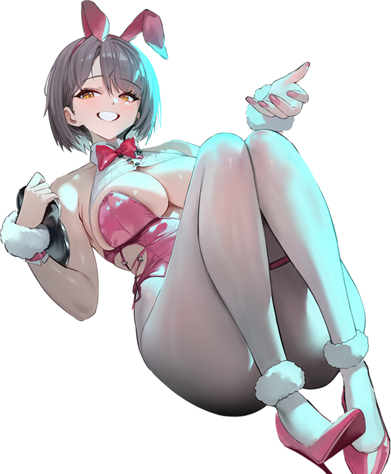 milk (blooming bunny) (nikke), milk (nikke), goddess of victory: nikke, game cg, non-web source, official art, 1girl, animal ears, bare shoulders, bow, bowtie, breasts, cleavage, clothing cutout, fake animal ears, grey hair, hair ornament, high heels, leotard, looking at viewer, official alternate costume, pantyhose, pink leotard, playboy bunny, rabbit hair ornament, short hair, side-tie leotard, skindentation, smile, solo, undersized breast cup, white pantyhose, yellow eyes