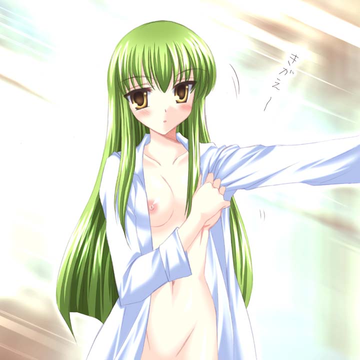 tamagawa yukimaru, c.c., code geass, 00s, 1girl, breasts, dressing, female focus, medium breasts, nipples, no bra, open clothes, open shirt, shirt, solo