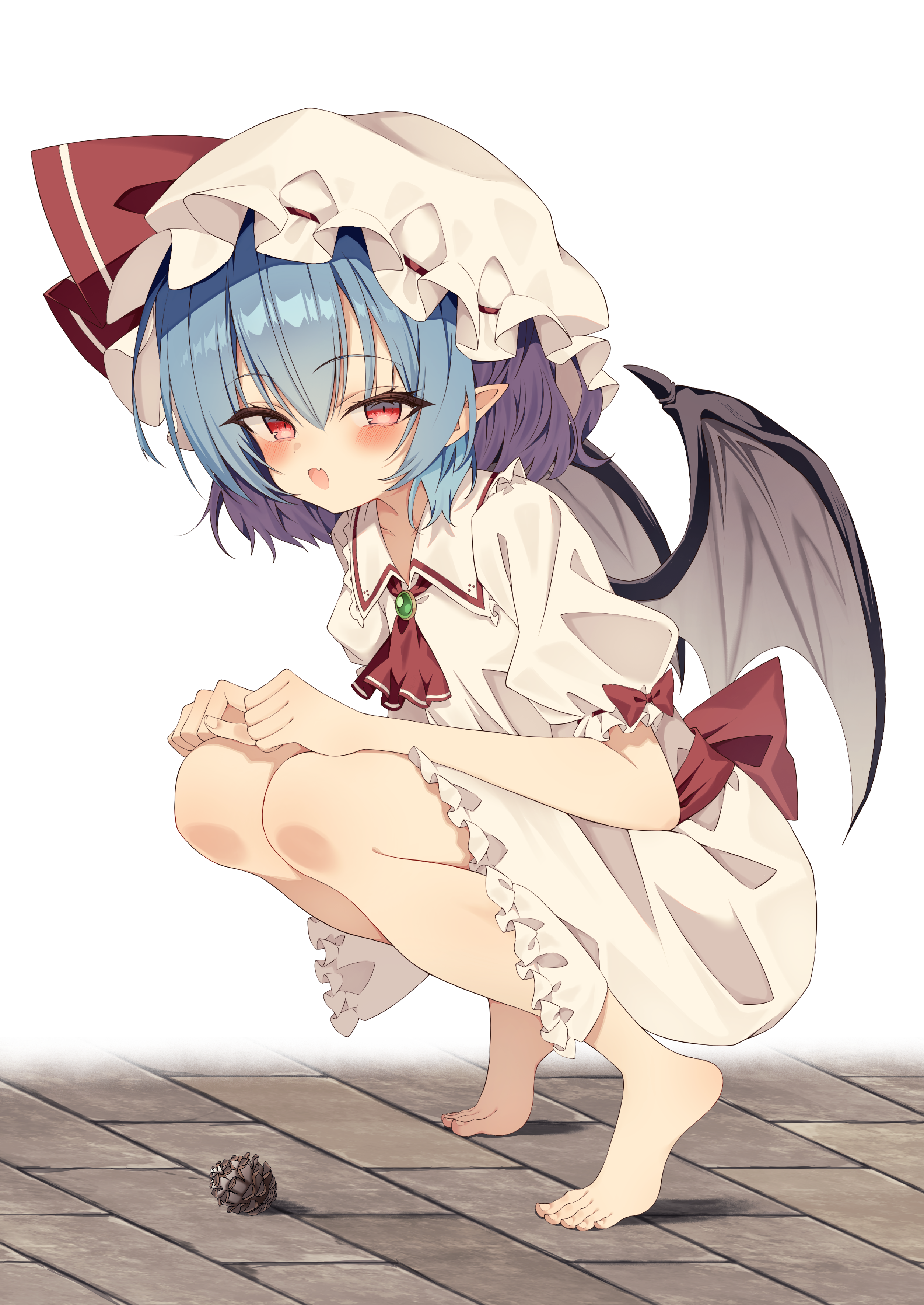seika okawari, remilia scarlet, touhou, absurdres, commentary request, highres, 1girl, ascot, barefoot, bat wings, blue hair, blush, bow, collared shirt, fang, frilled shirt collar, frills, green brooch, hat, hat ribbon, looking at viewer, mob cap, open mouth, pointy ears, puffy short sleeves, puffy sleeves, red ascot, red bow, red eyes, ribbon, shirt, short sleeves, simple background, skin fang, skirt, sleeve bow, smile, solo, squatting, tiptoes, toes, white background, white hat, white shirt, white skirt, wings