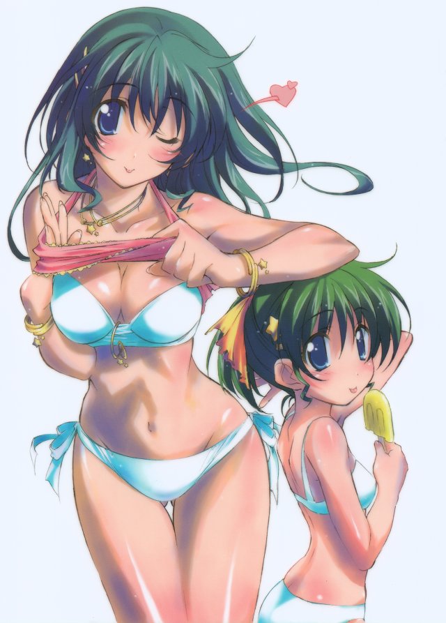 kurashima tomoyasu, 2girls, bikini, blue eyes, breasts, cleavage, food, green hair, long hair, medium breasts, multiple girls, one eye closed, ponytail, popsicle, swimsuit, wink