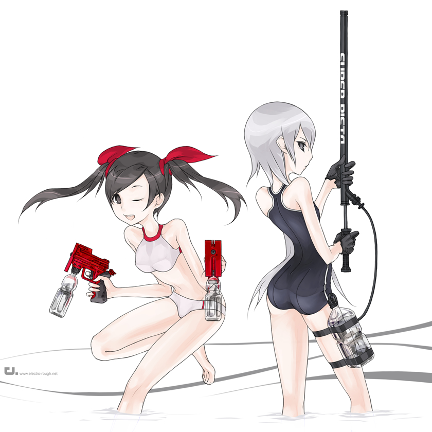 kazuoki, original, 2girls, bikini, gun, hair ribbon, multiple girls, one-piece swimsuit, ribbon, swimsuit, twintails, water gun, weapon