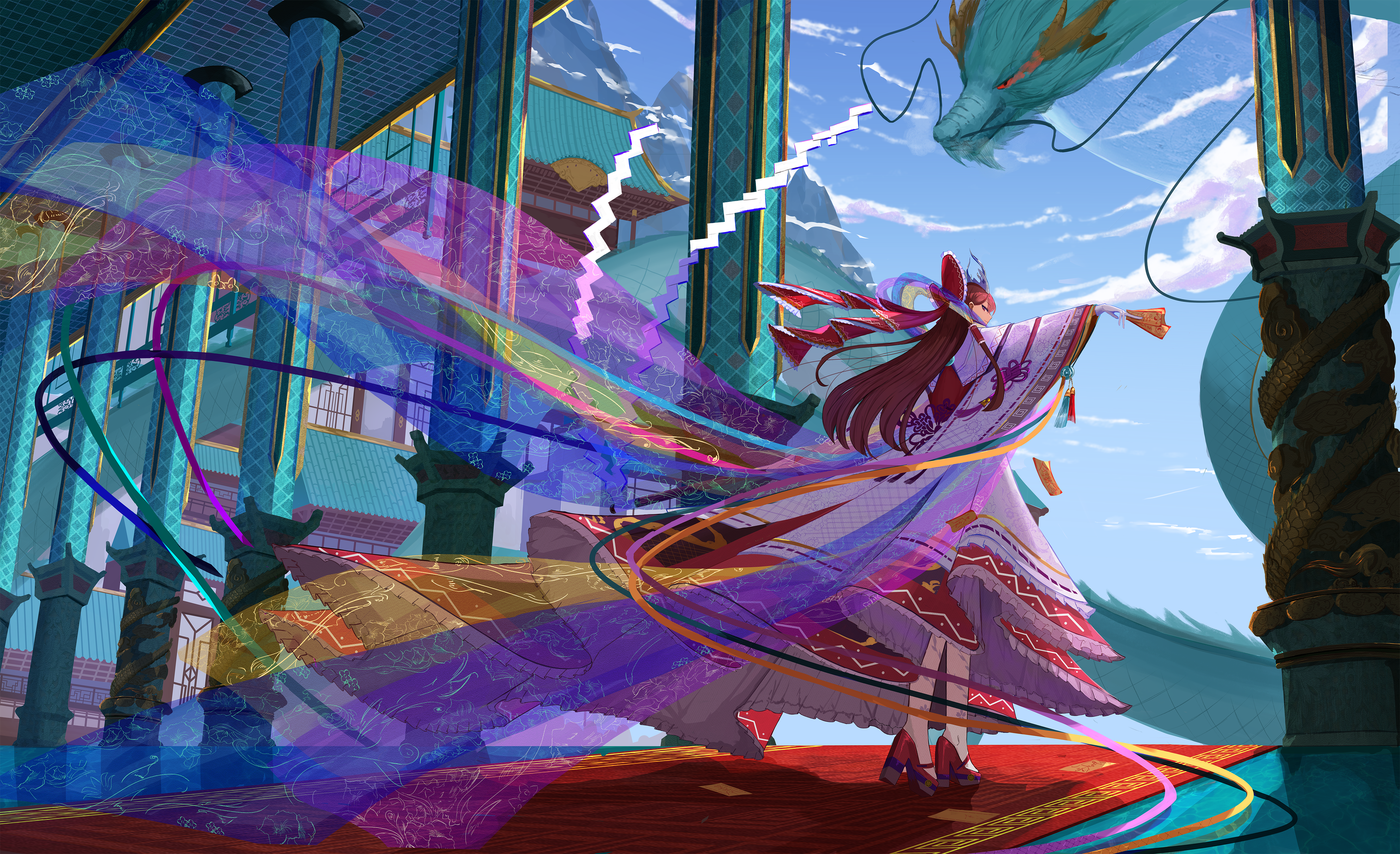 hakurei reimu, touhou, absurdres, commentary, highres, 1girl, alternate costume, backward-facing horns, between fingers, blue sky, bow, brown hair, building, closed mouth, cloud, day, dragon, dragon horns, eastern dragon, floral print, frilled bow, frilled hair tubes, frilled skirt, frills, gloves, gohei, hair bow, hair tubes, high heels, holding, holding gohei, horns, long hair, looking at viewer, looking back, ofuda, ofuda between fingers, pillar, red bow, red shoes, red skirt, shoes, skirt, sky, smile, solo, tassel, whiskers, white gloves, zhongxia ye zhi meng