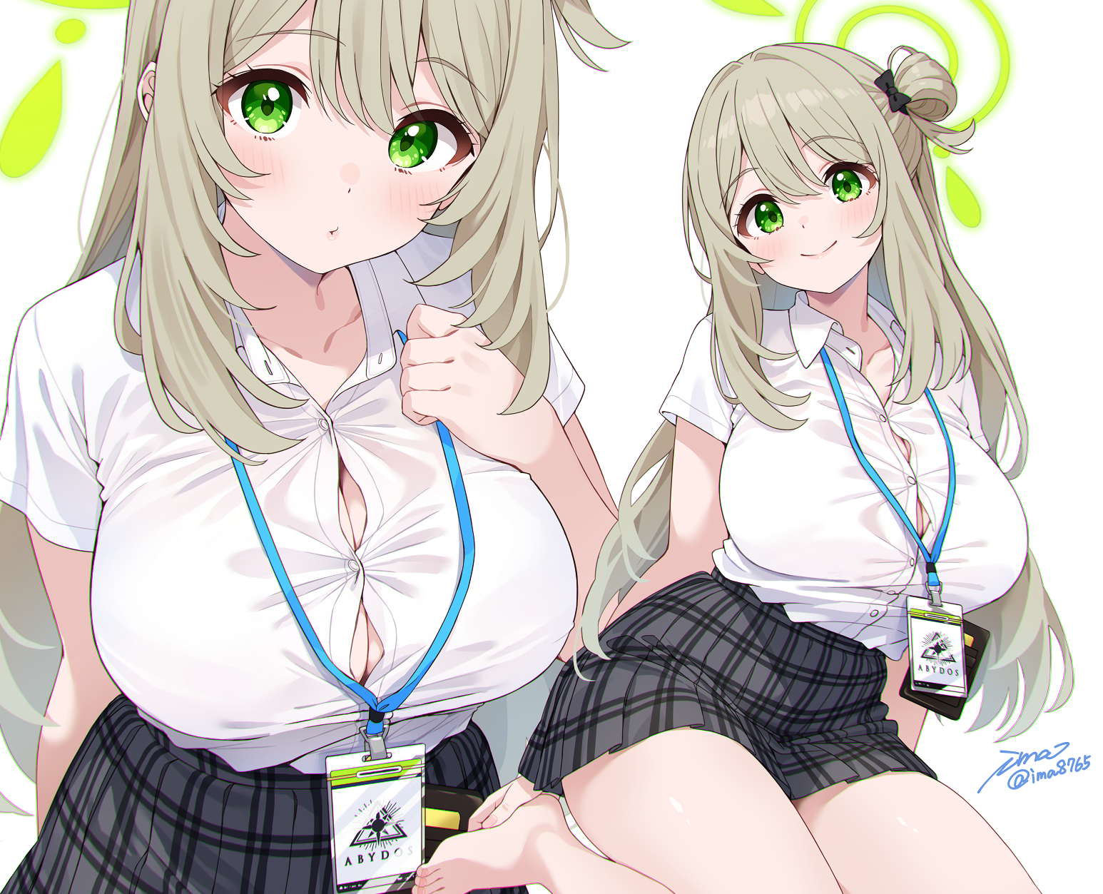 ima (lm ew), nonomi (blue archive), blue archive, commentary request, highres, 1girl, bare legs, barefoot, black hair, breasts, button gap, green hair, halo, huge breasts, lanyard, long hair, looking at viewer, multiple views, open collar, plaid clothes, plaid skirt, school uniform, shirt tucked in, signature, simple background, skirt, twitter username, very long hair, white background