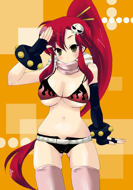 asai ichiko, yoko littner, tengen toppa gurren lagann, 00s, 1girl, :o, arm at side, asymmetric gloves, asymmetrical gloves, belt, bikini, bikini top only, black gloves, black shorts, blush, breasts, cowboy shot, female focus, fingerless gloves, flame print, gloves, hair ornament, hair stick, large breasts, long hair, looking at viewer, midriff, navel, orange background, pink thighhighs, ponytail, red hair, salute, scarf, shorts, skull hair ornament, solo, stomach, swimsuit, thighhighs, underboob, uneven gloves, yellow eyes