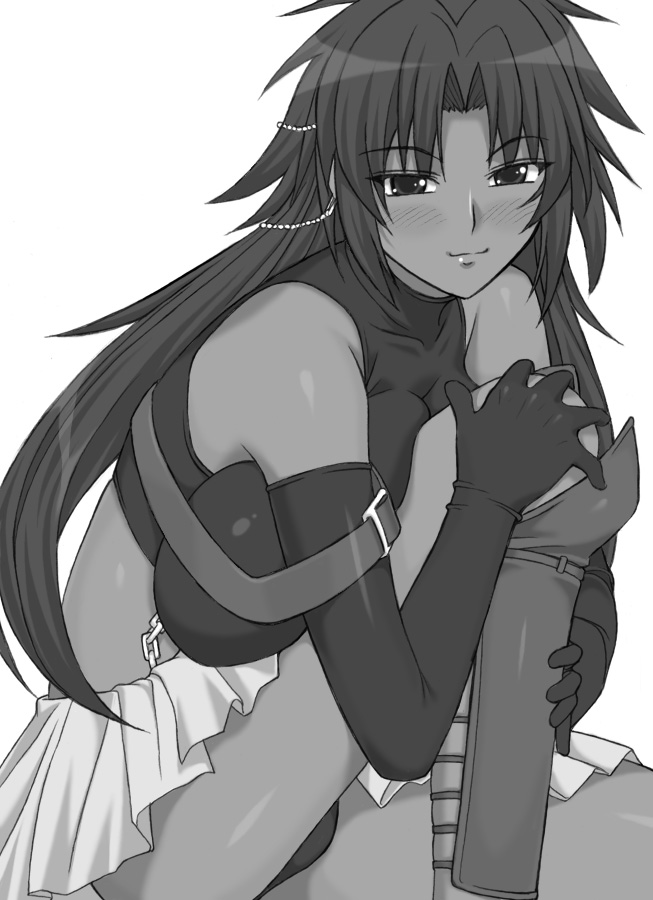 shichimenchou, kullweet envatilia, elemental gelade, 00s, 1girl, bare shoulders, blush, boots, breasts, buckle, chain, closed mouth, dark-skinned female, dark skin, elbow gloves, female focus, gloves, greyscale, knee boots, large breasts, long hair, looking at viewer, miniskirt, monochrome, panties, pantyshot, pleated skirt, simple background, sitting, skirt, smile, solo, underwear, white background