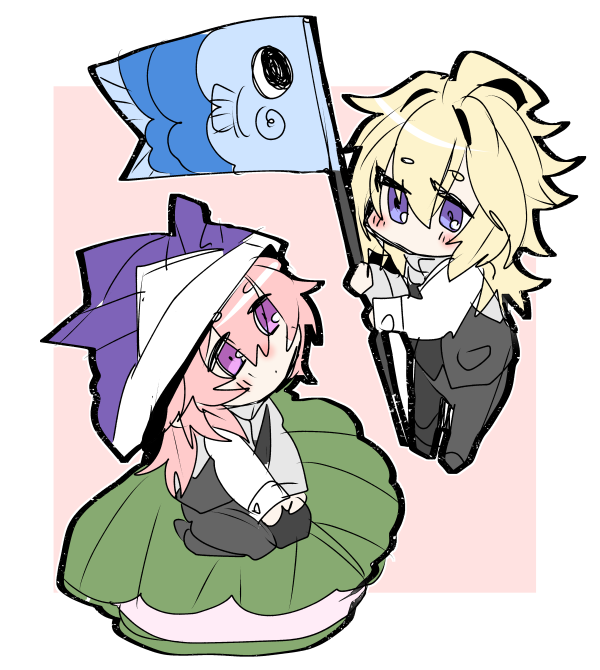haoro, astolfo (fate), jeanne d'arc (fate), sieg (fate), fate/apocrypha, fate (series), 1boy, 1other, black outline, black pants, black vest, blonde hair, blue eyes, chibi, dress shirt, flag, full body, hat, holding, holding flag, long hair, outline, pants, pink hair, purple eyes, shirt, signature, vest, white shirt