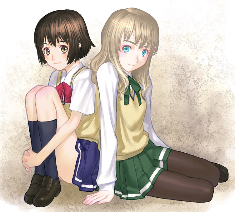 sakamoto mineji, kaminagi ryouko, minato (zegapain), zegapain, black footwear, blue legwear, 00s, 2girls, arm support, black socks, blonde hair, blue eyes, blue skirt, blush, bow, bowtie, brown hair, closed mouth, collared shirt, dress shirt, full body, green bow, green ribbon, green skirt, hugging own legs, kneehighs, knees to chest, long hair, long sleeves, miniskirt, multiple girls, neck ribbon, pale skin, pantyhose, pleated skirt, red bow, red bowtie, ribbon, school uniform, serafuku, shirt, shoes, short hair, short sleeves, sitting, skirt, smile, socks, sweater vest, upskirt, white shirt, yellow eyes, yokozuwari
