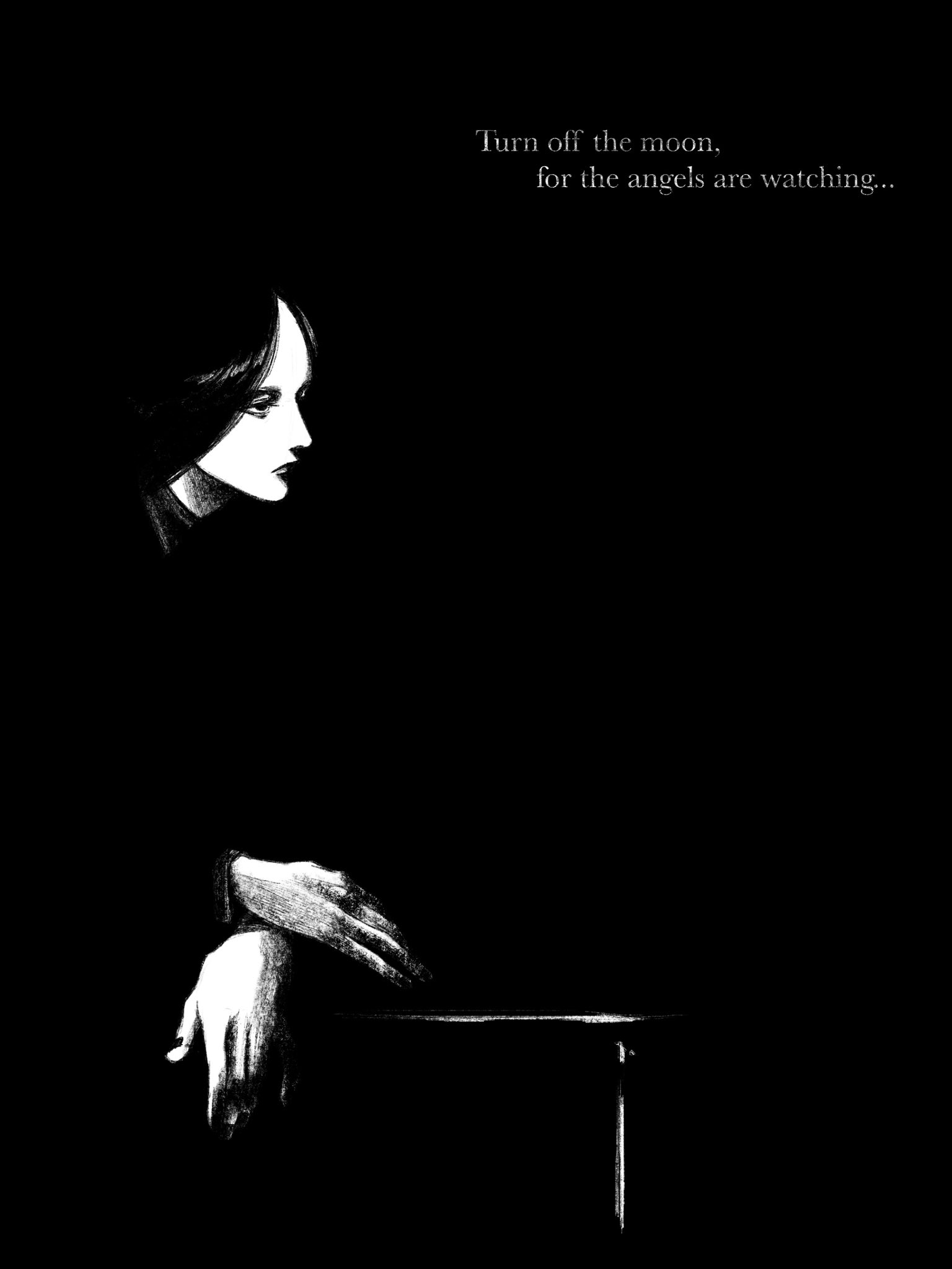 tp p pt, original, highres, 1girl, black background, black hair, cropped legs, english text, greyscale, long hair, looking to the side, monochrome, own hands together, solo