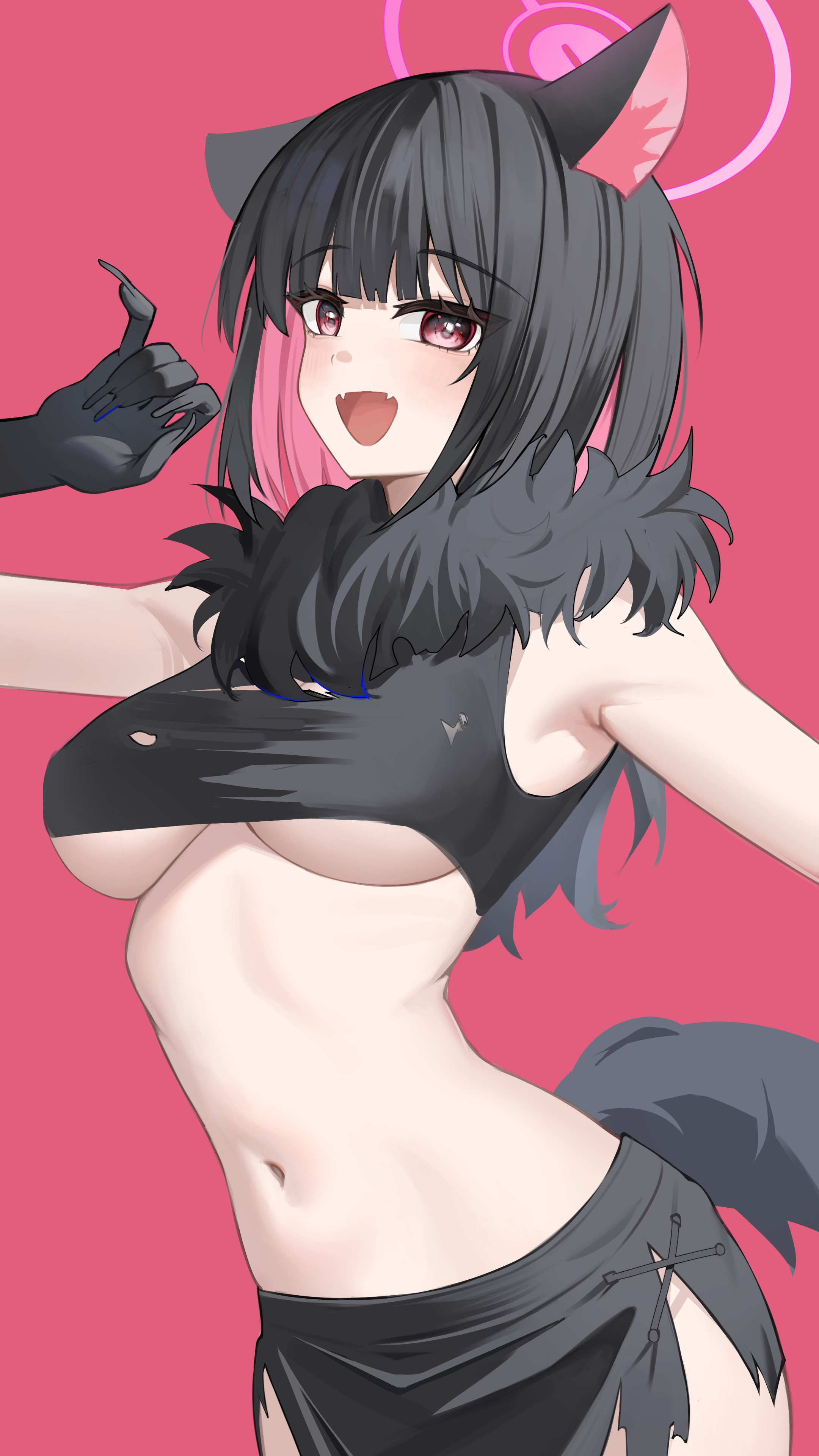 happy05x, kazusa (blue archive), kazusa (halloween) (blue archive), blue archive, absurdres, highres, 1girl, animal ears, black gloves, black hair, black skirt, blush, breasts, cat ears, cat girl, colored inner animal ears, colored inner hair, extra ears, fur scarf, fur sleeves, gloves, halo, large breasts, looking at viewer, multicolored hair, navel, pink hair, pink halo, red eyes, shirt, short hair, simple background, skirt, solo, stomach, torn clothes, torn shirt, torn skirt, underboob, werewolf costume