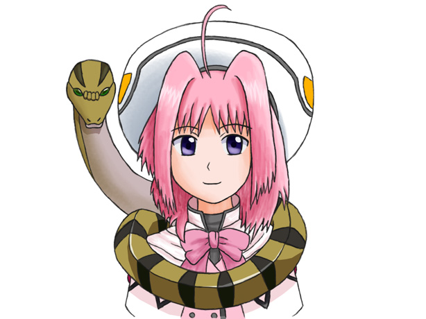 caro ru lushe, lyrical nanoha, mahou shoujo lyrical nanoha, mahou shoujo lyrical nanoha strikers, 00s, 1girl, ahoge, bow, female focus, hat, pink bow, pink hair, purple eyes, snake, solo