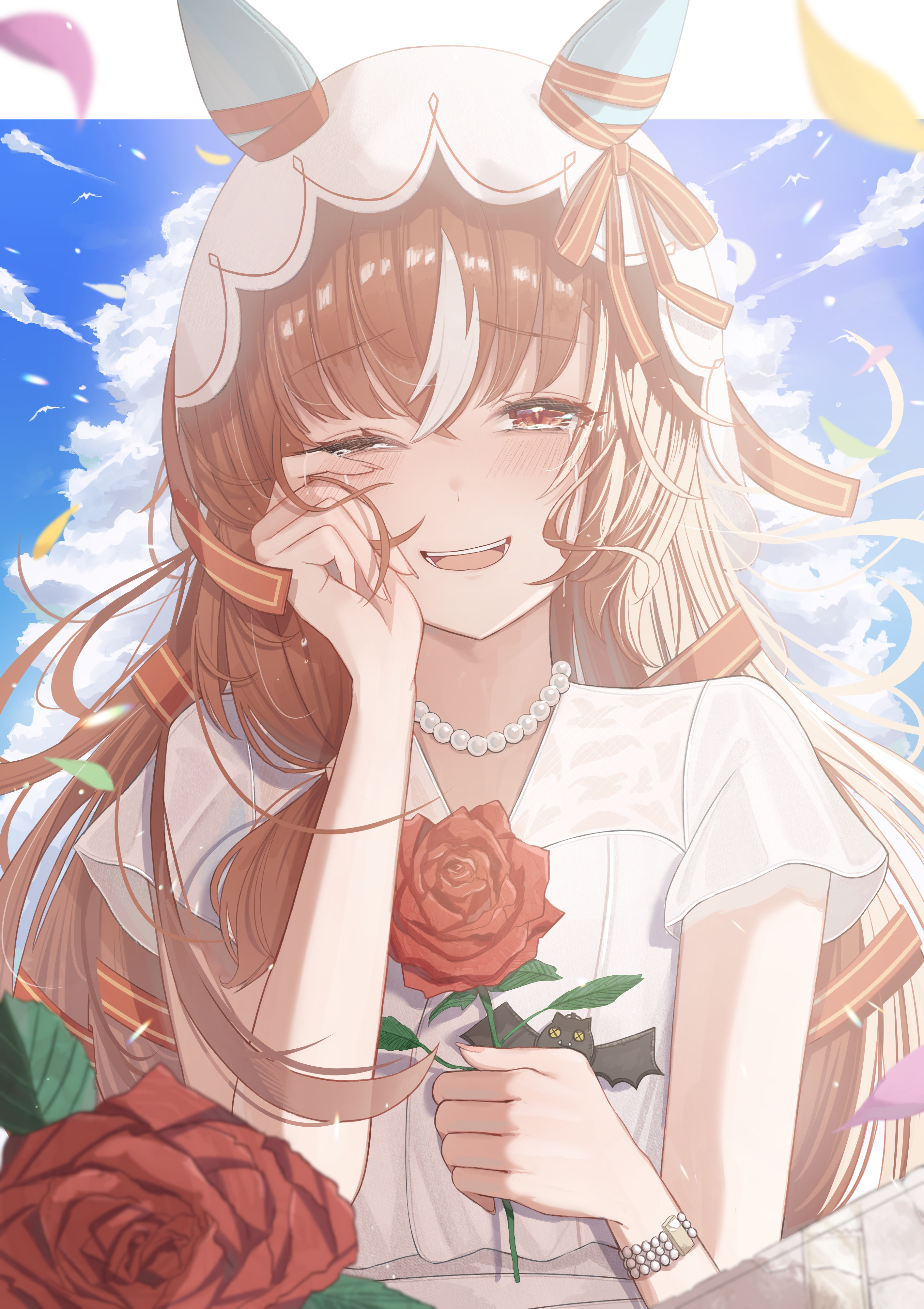 hanma amnah, still in love (umamusume), umamusume, absurdres, commentary request, highres, 1girl, animal ears, blue sky, blush, brown hair, crying, day, ear covers, falling petals, flower, hair ribbon, holding, holding flower, horse ears, horse girl, long hair, looking at viewer, open mouth, petals, red eyes, red flower, red ribbon, red rose, ribbon, rose, shirt, short sleeves, sky, smile, solo, tearing up, upper body, veil, white shirt, white streaks, white veil