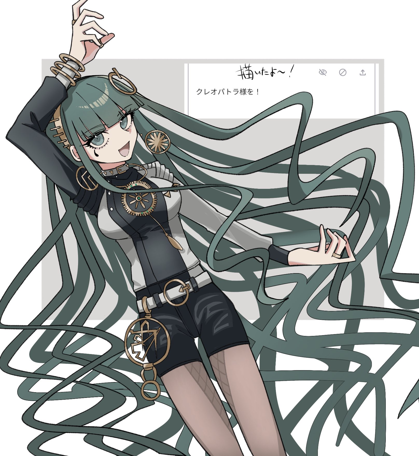 tokumori ramen, cleopatra (fate), fate/grand order, fate (series), odaibako, highres, 1girl, black shorts, blunt bangs, brown pantyhose, earrings, gold hairband, green eyes, green hair, hairband, hoop earrings, jewelry, long sleeves, pantyhose, shorts, smile, solo, white background