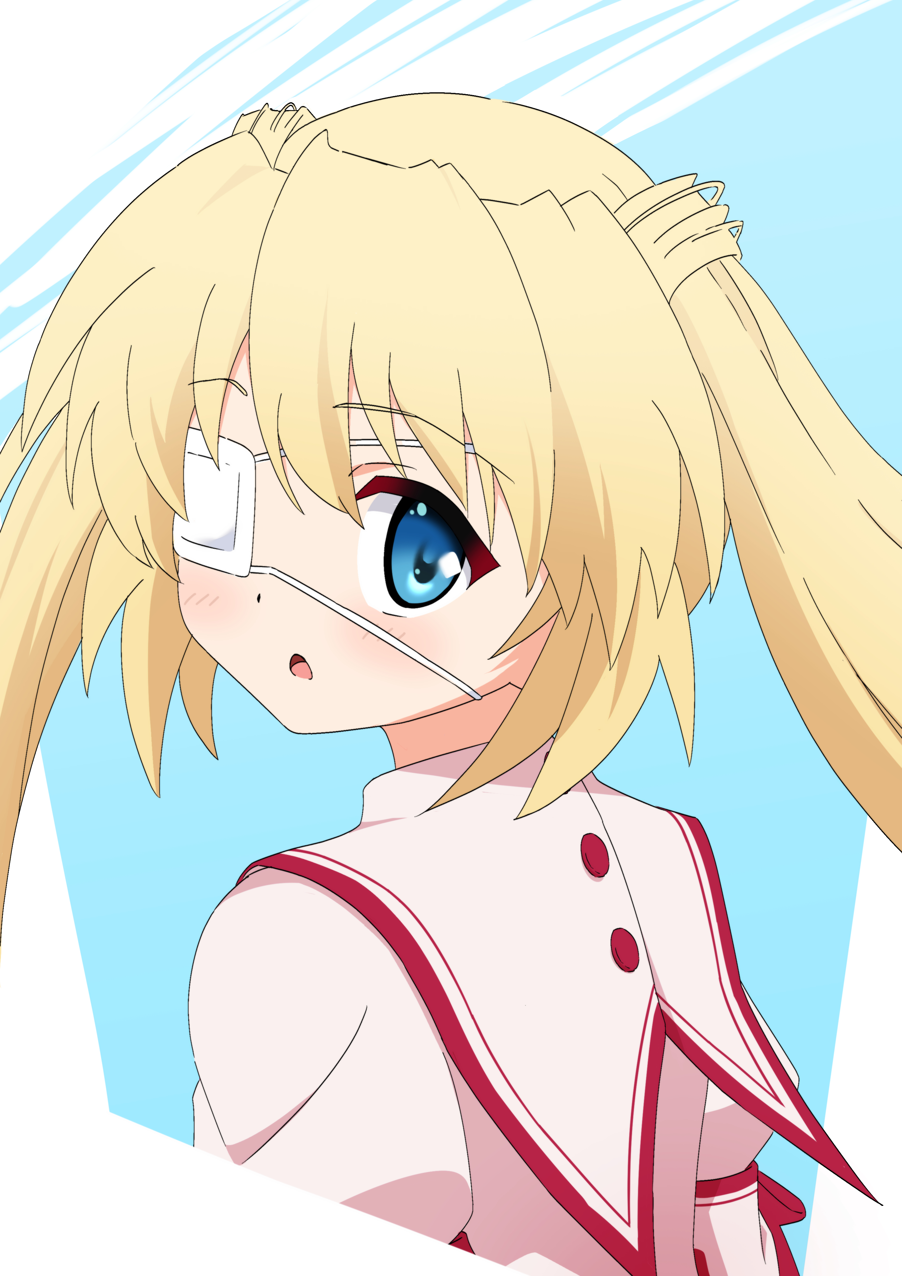 rishac owo, nakatsu shizuru, rewrite, absurdres, commentary request, commission, highres, 1girl, anime coloring, blonde hair, blue background, blue eyes, blush, d:, dress, eyepatch, from behind, hair between eyes, kazamatsuri institute high school uniform, long hair, looking at viewer, looking back, medical eyepatch, one eye covered, open mouth, pink dress, school uniform, sidelocks, simple background, solo, twintails, twintails with hair base, upper body