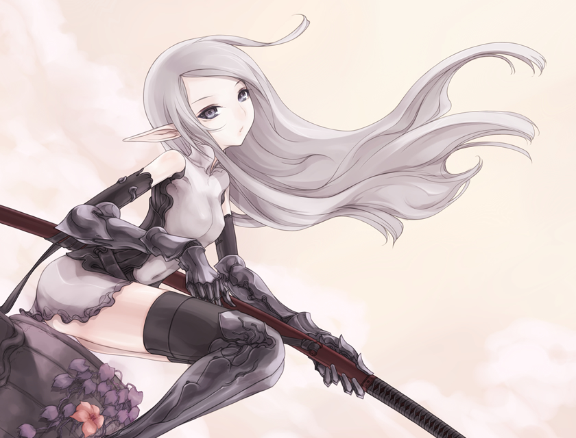 kazuoki, original, silver hair, 1girl, armor, boots, elbow gloves, elf, female focus, flower, gloves, grey eyes, long hair, navel, pointy ears, sitting, solo, sword, thigh boots, thighhighs, weapon, wind